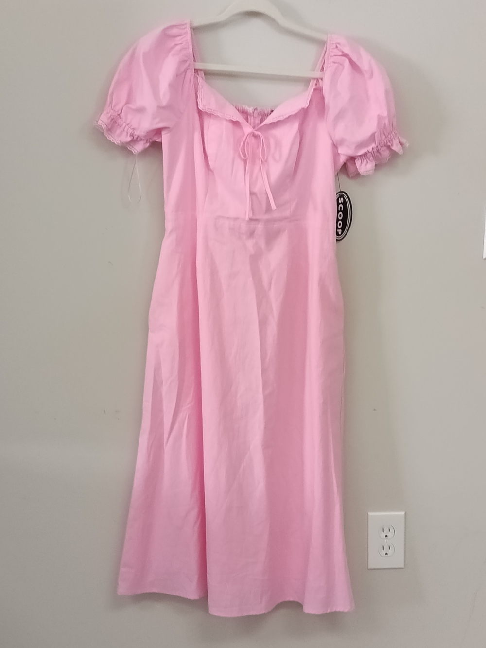 NWT Scoop Pink Linen Blend Midi A Line Puff Sleeve Pockets Smocked Dress Medium